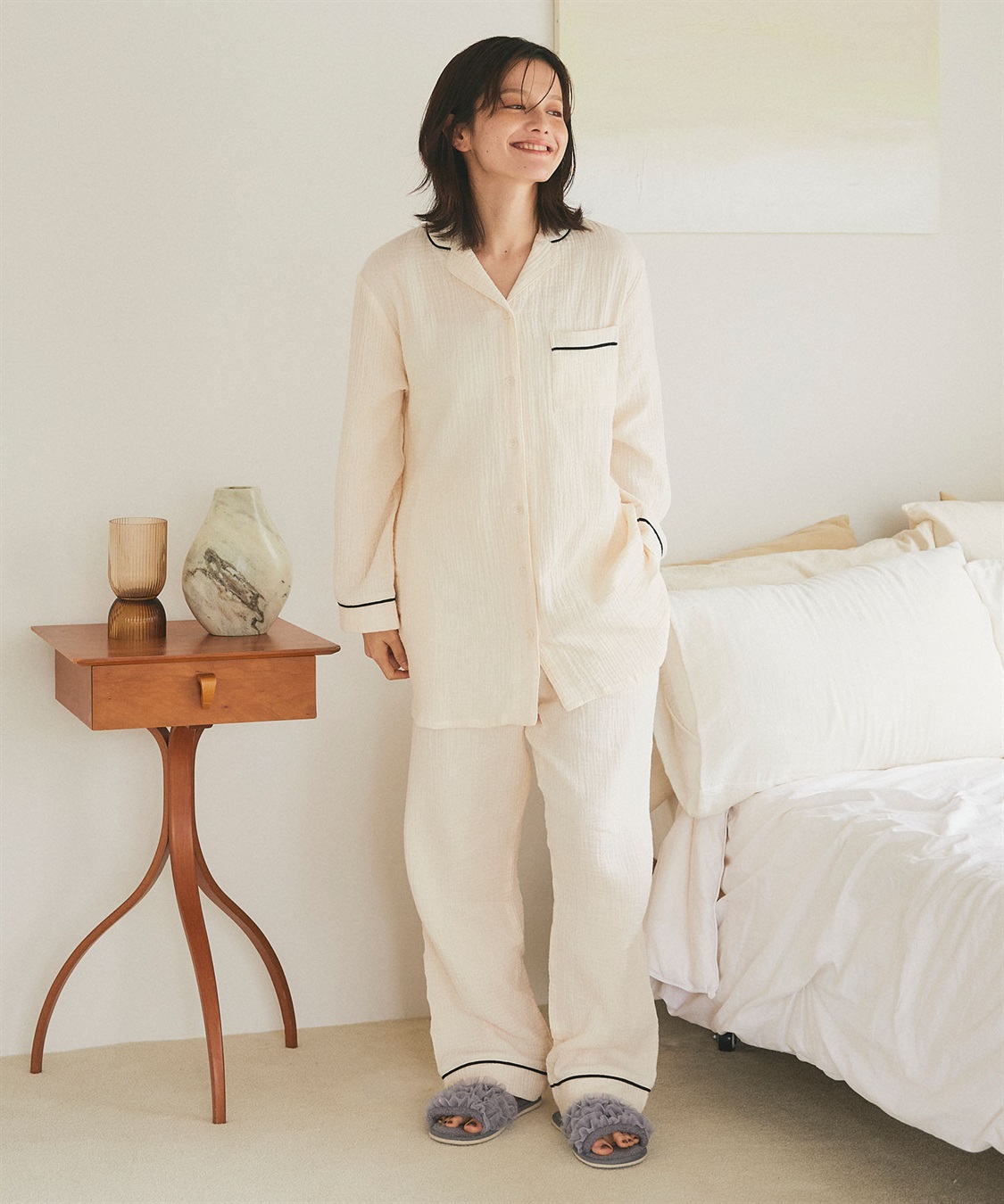 LAFUKU 【LAFUKU/ラフク】パイピングデザインダブルガーゼパジャマ綿100％《上下セット》_sub_8