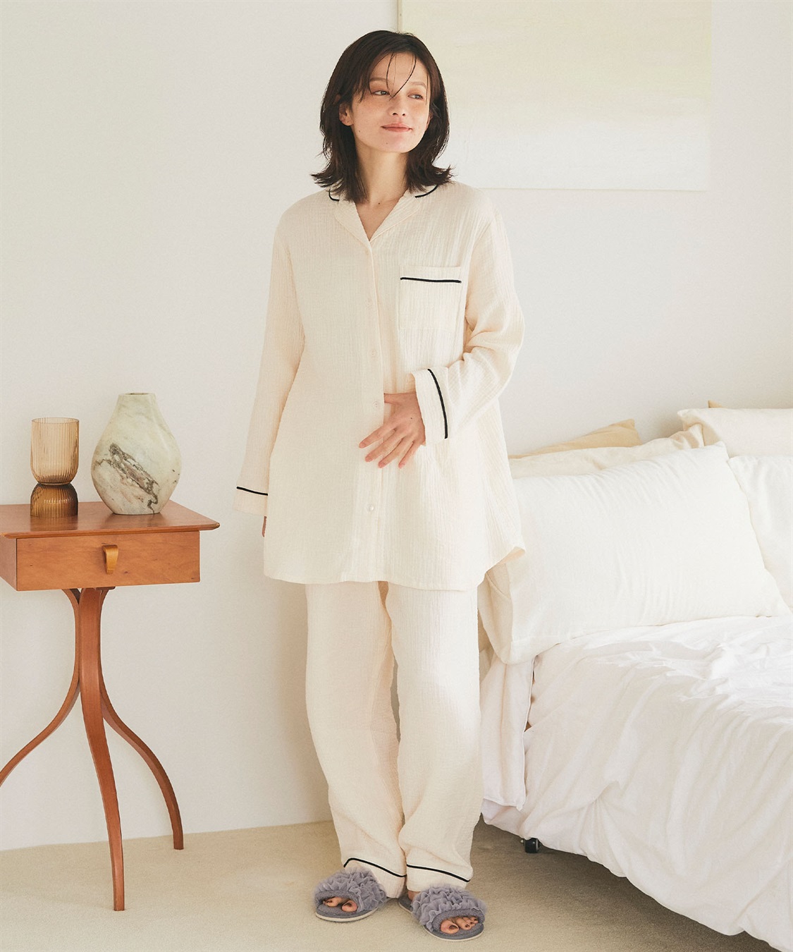 LAFUKU 【LAFUKU/ラフク】パイピングデザインダブルガーゼパジャマ綿100％《上下セット》_sub_9