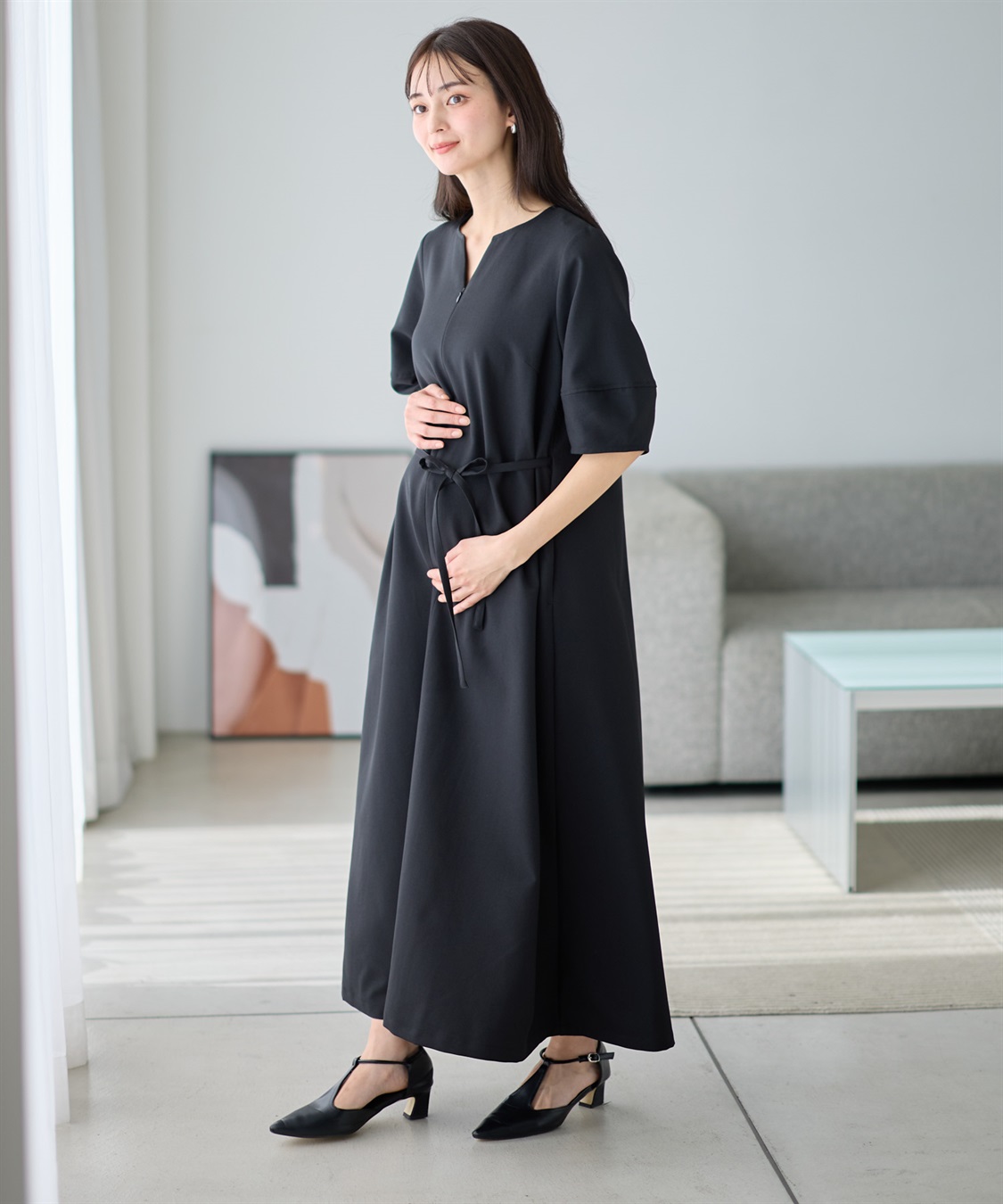 Rosemadame ランタンスリーブウエストリボン付きワンピース（マタニティ/授乳服）授乳口付き 授乳楽々 妊婦服 産前・産後対応_sub_2