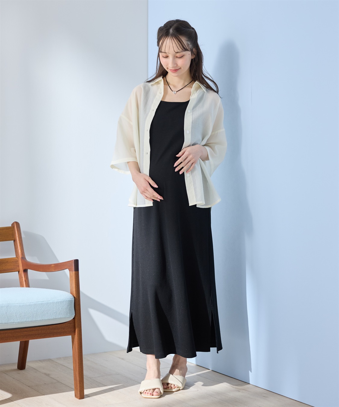 Rosemadame シアーストライプシャツ×ラメリブ ノースリ ワンピース/マタニティワンピース（マタニティ/授乳服）セット 授乳口付き 授乳楽々 妊婦服 産前・産後対応_sub_3