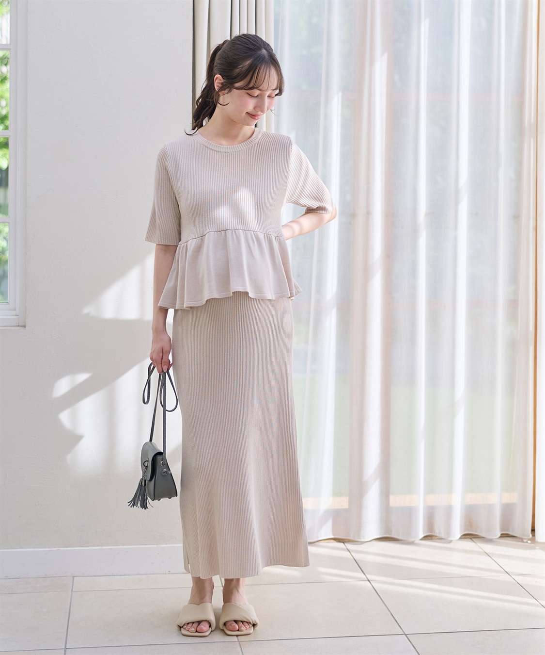 Rosemadame 麻ライク ニットワンピース｜ペプラムシルエット 体型カバー マタニティワンピース 産前産後対応_sub_1
