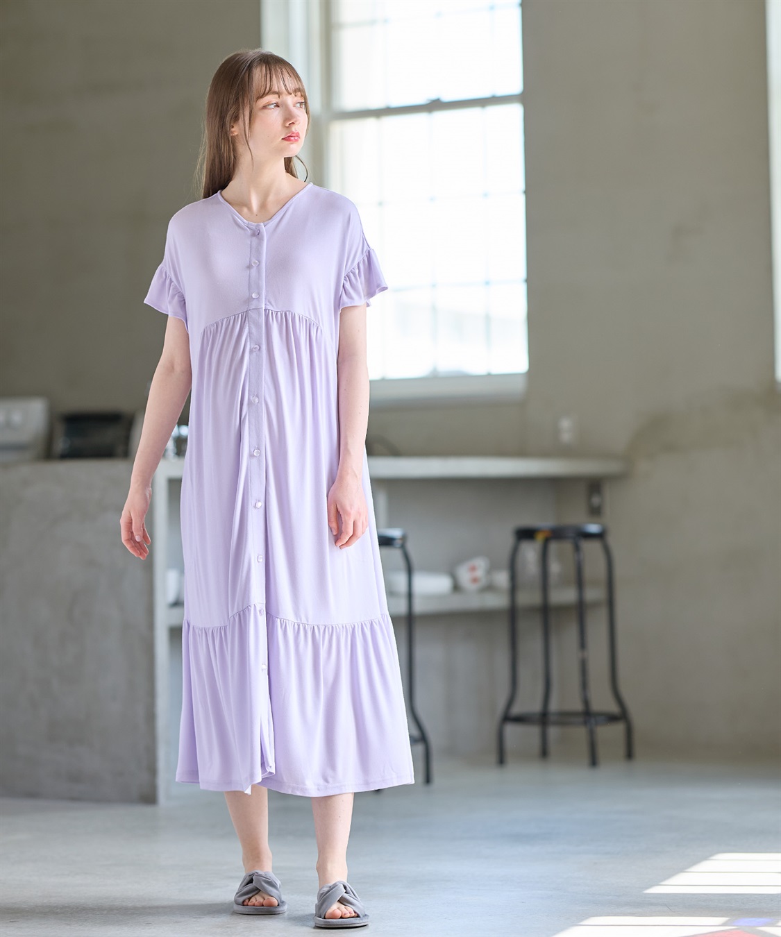 接触冷感】やわらかレーヨン フリル袖ネグリジェ/ パジャマ Rosemadame