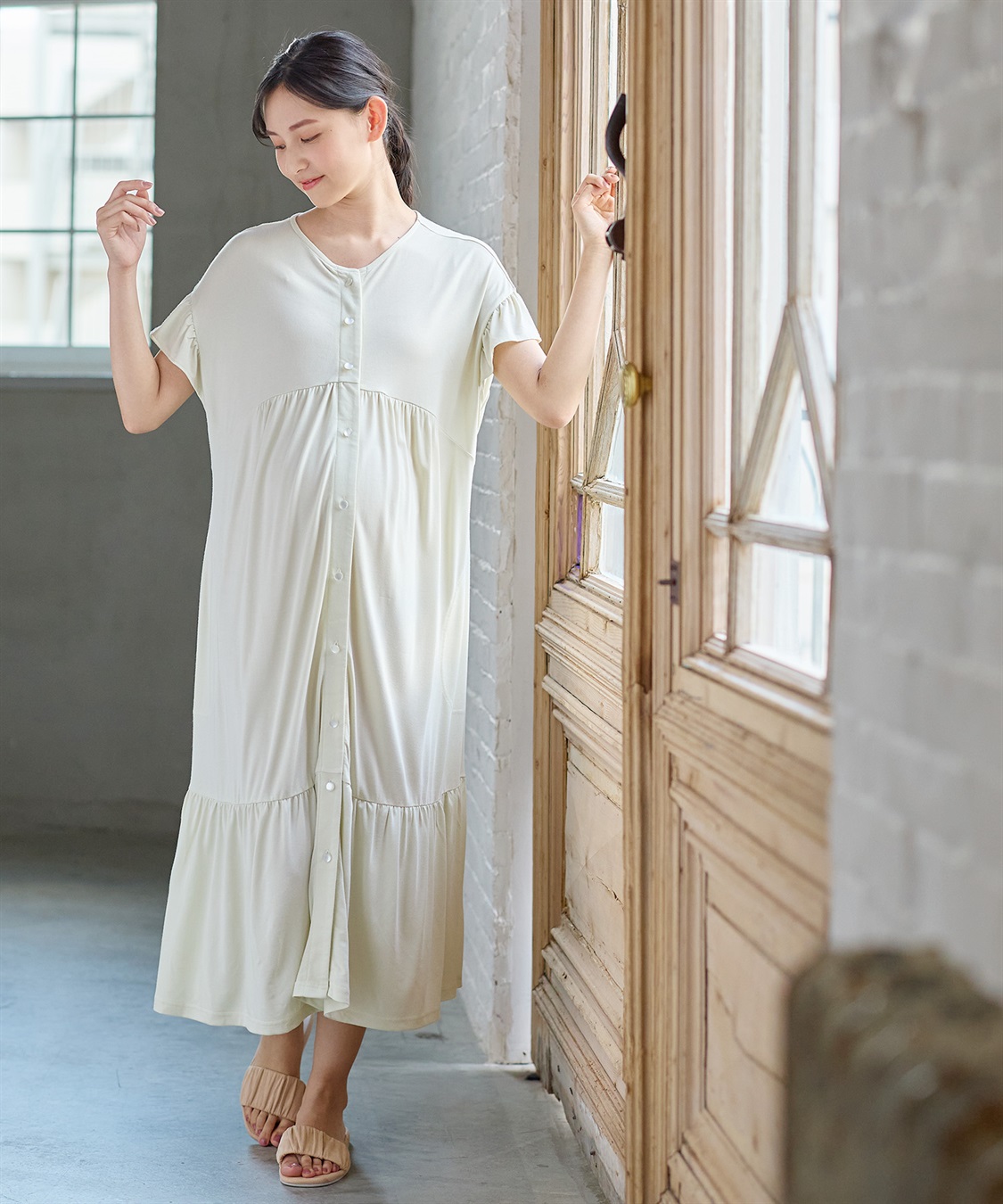 接触冷感】やわらかレーヨン フリル袖ネグリジェ/ パジャマ Rosemadame