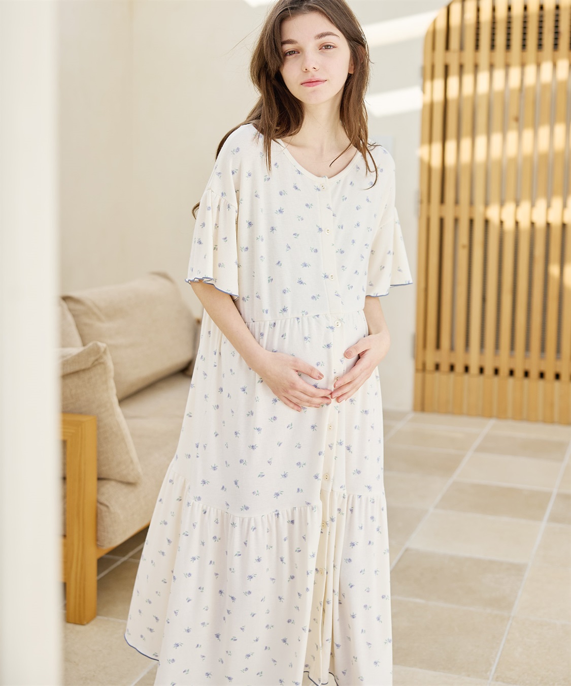 Rosemadame テレコ小花柄ティアードネグリジェ/ ワンピースパジャマ(産前・産後対応 マタニティ＆授乳服 ルームウェア)_sub_2