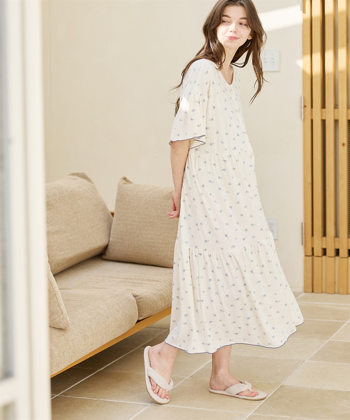 Rosemadame テレコ小花柄ティアードネグリジェ/ ワンピースパジャマ(産前・産後対応 マタニティ＆授乳服 ルームウェア)_sub_3