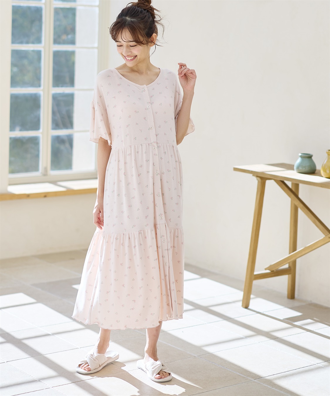 Rosemadame テレコ小花柄ティアードネグリジェ/ ワンピースパジャマ(産前・産後対応 マタニティ＆授乳服 ルームウェア)_sub_6