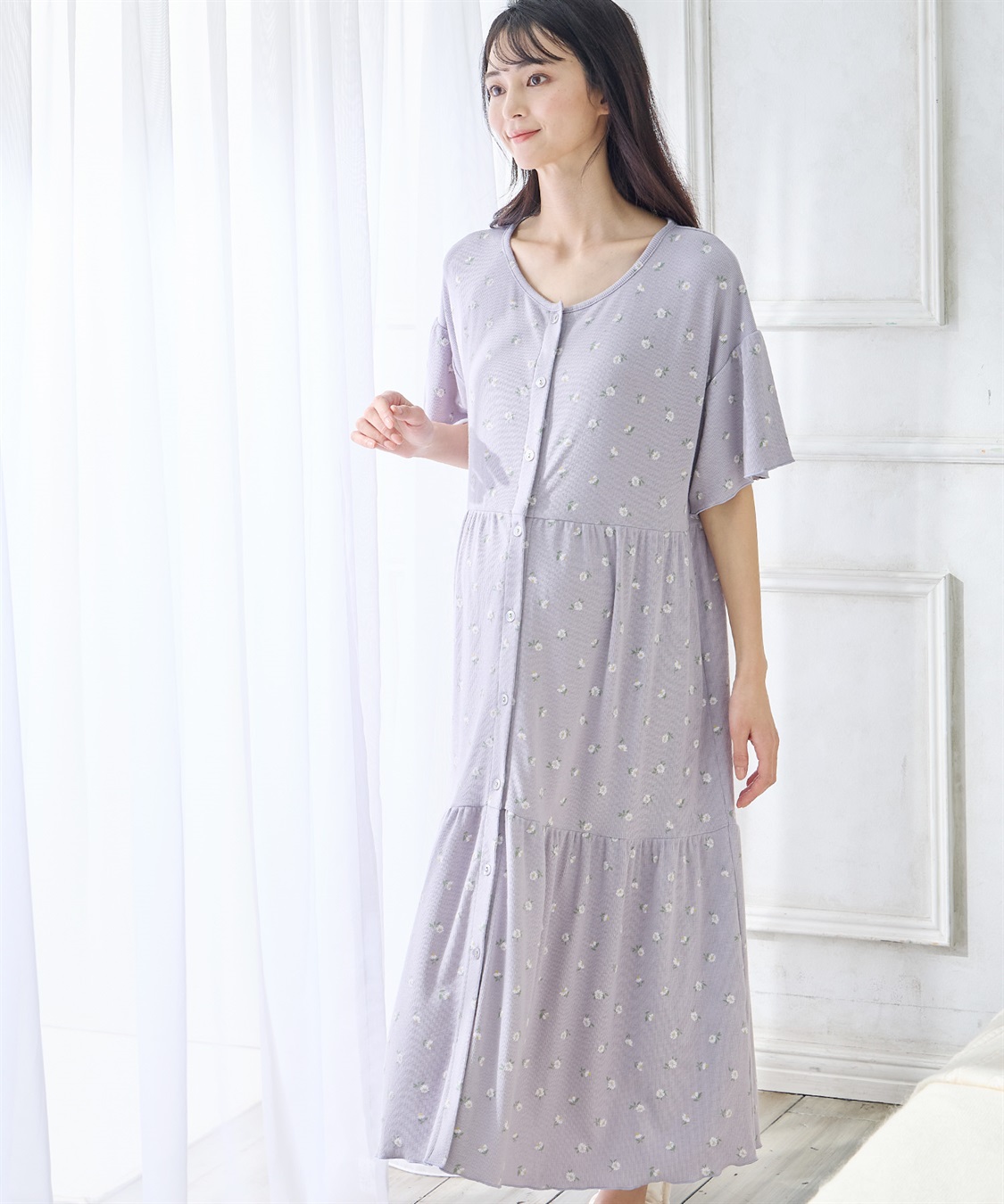 Rosemadame テレコ小花柄ティアードネグリジェ/ ワンピースパジャマ(産前・産後対応 マタニティ＆授乳服 ルームウェア)_sub_9