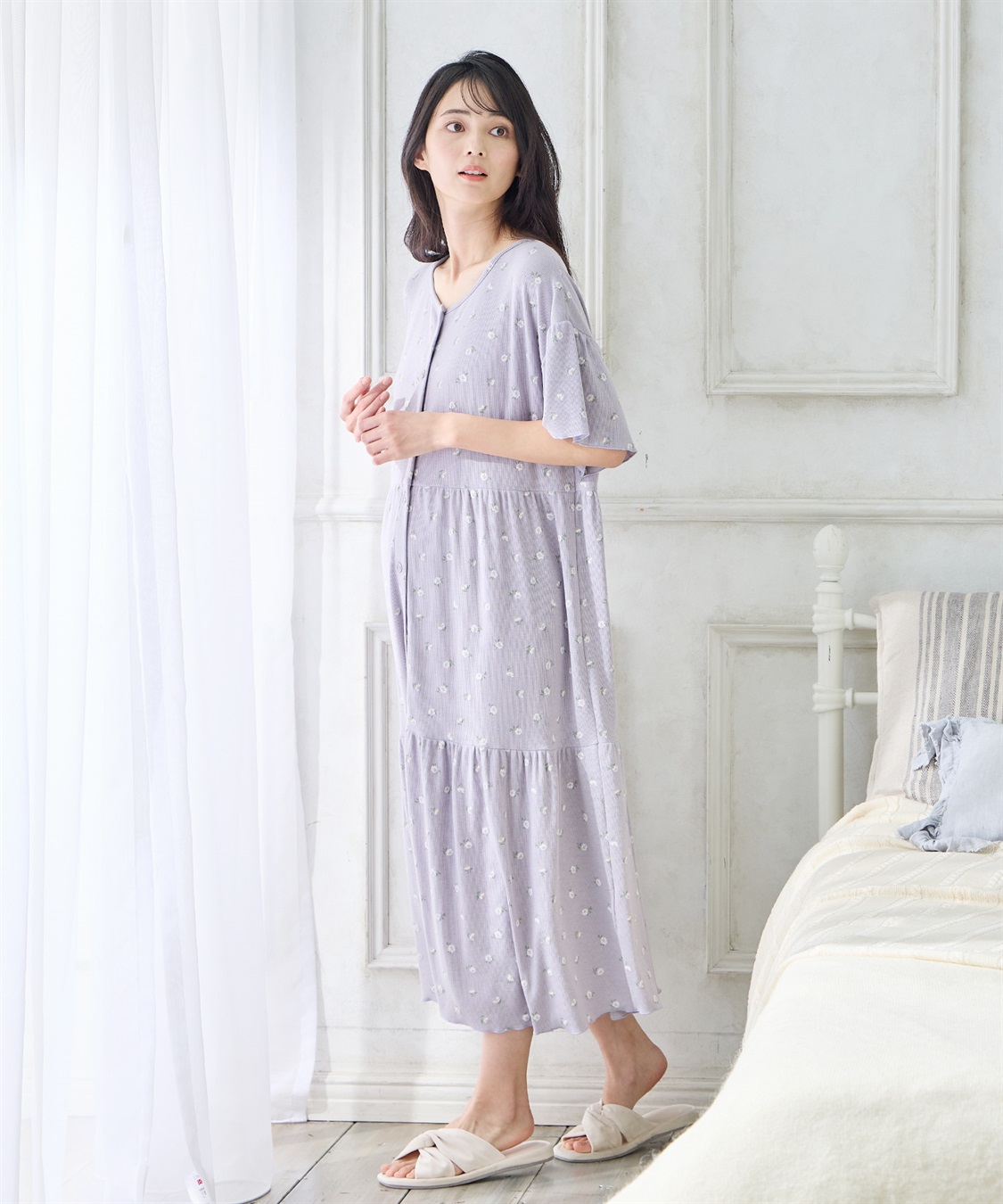 Rosemadame テレコ小花柄ティアードネグリジェ/ ワンピースパジャマ(産前・産後対応 マタニティ＆授乳服 ルームウェア)_sub_10