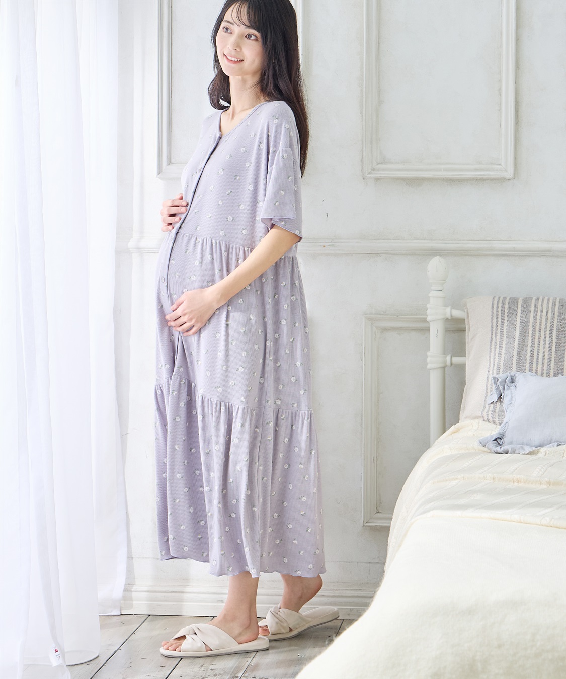 Rosemadame テレコ小花柄ティアードネグリジェ/ ワンピースパジャマ(産前・産後対応 マタニティ＆授乳服 ルームウェア)_sub_11