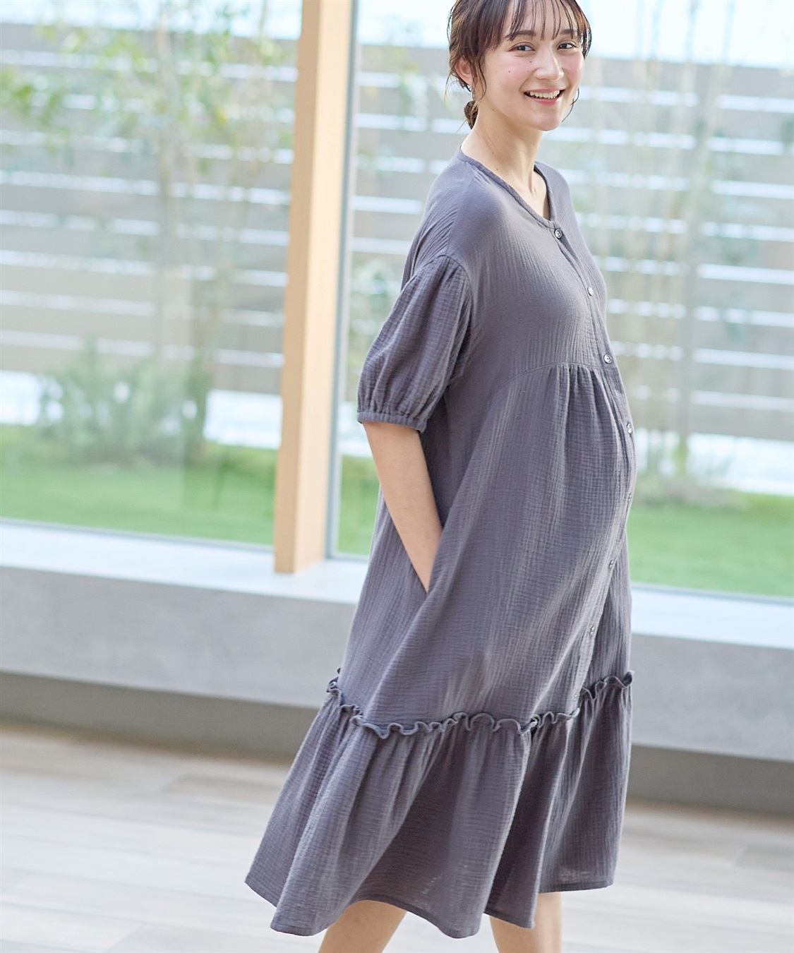 Rosemadame コットン100％ ダブルガーゼ ボリューム袖ネグリジェ/ワンピース(産前・産後対応 マタニティ＆授乳服 パジャマ/ルームウェア)_sub_5