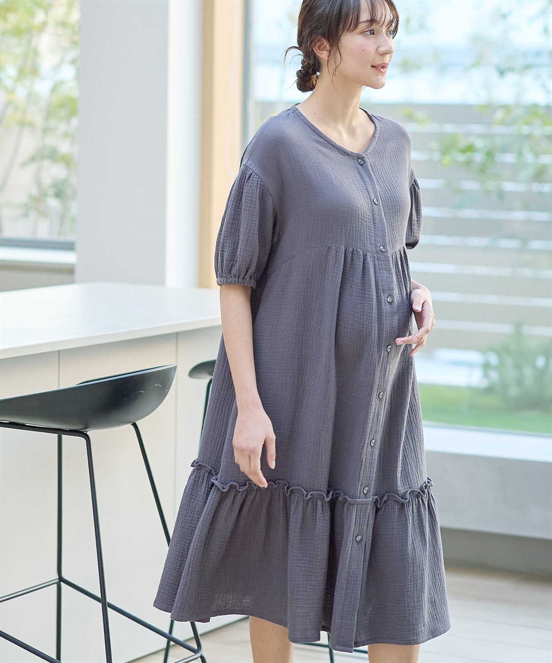 Rosemadame コットン100％ ダブルガーゼ ボリューム袖ネグリジェ/ワンピース(産前・産後対応 マタニティ＆授乳服 パジャマ/ルームウェア)_sub_7