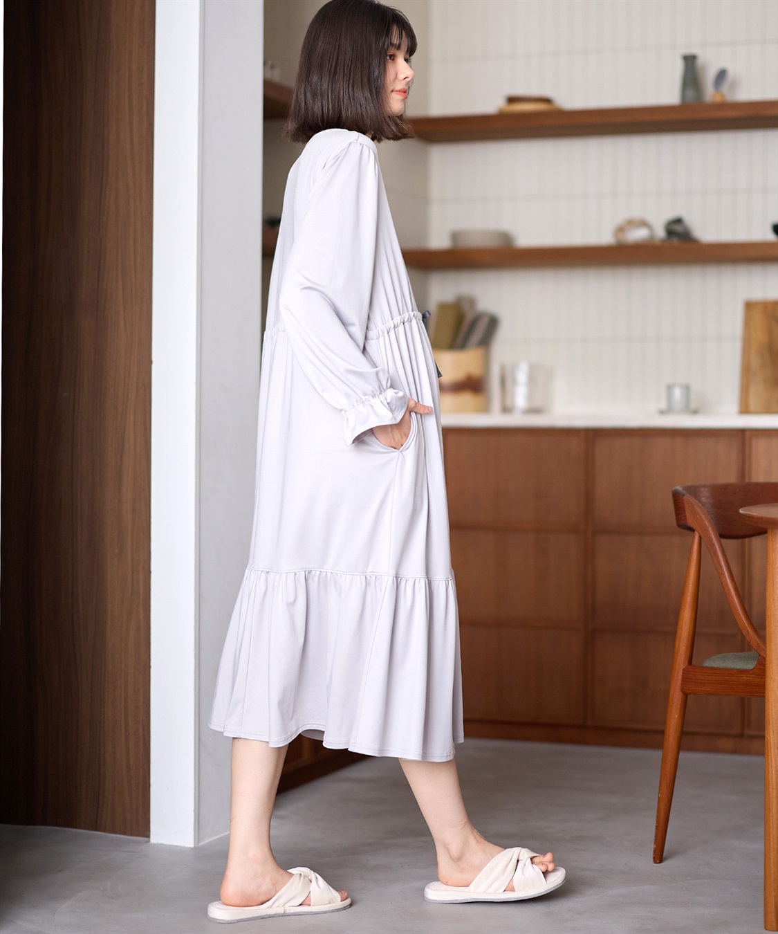 ニットサテン無地・チェリー柄ネグリジェ パジャマ/ルームウェア