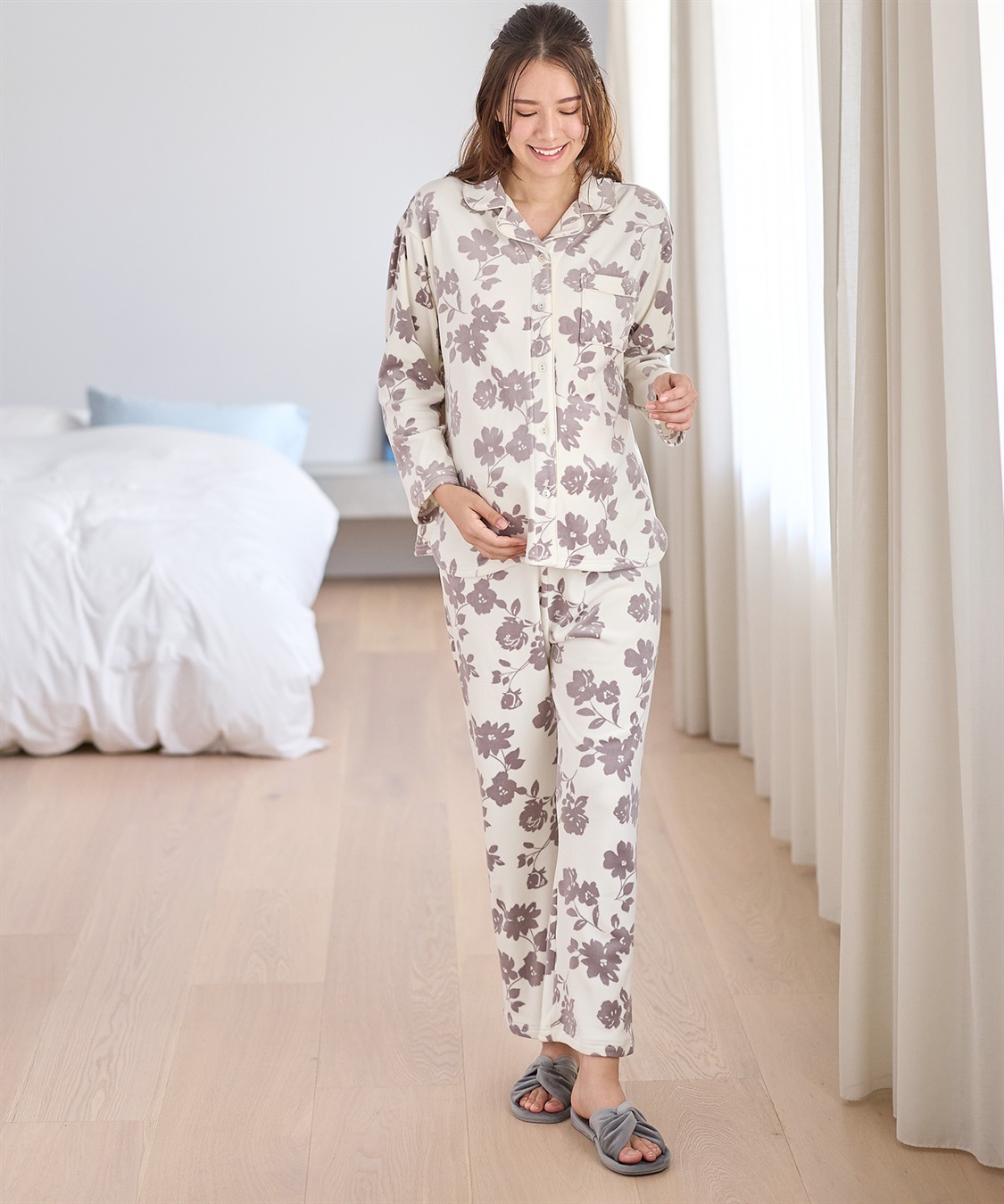 Rosemadame 【セット】ストレッチベロア無地＆花柄パジャマ/ルームウェア（マタニティ/授乳服）授乳楽々 妊婦服 産前・産後対応_sub_8