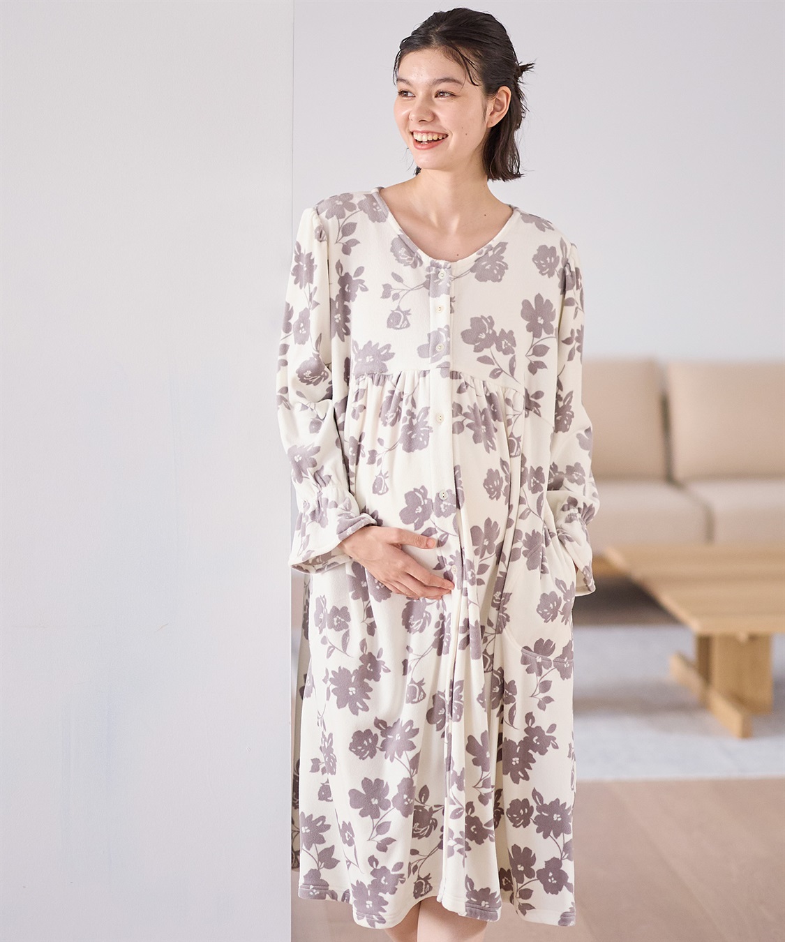 Rosemadame ストレッチベロア無地＆花柄ネグリジェ/ワンピースパジャマ/ルームウェア（マタニティ/授乳服）授乳楽々 妊婦服 産前・産後対応_sub_4