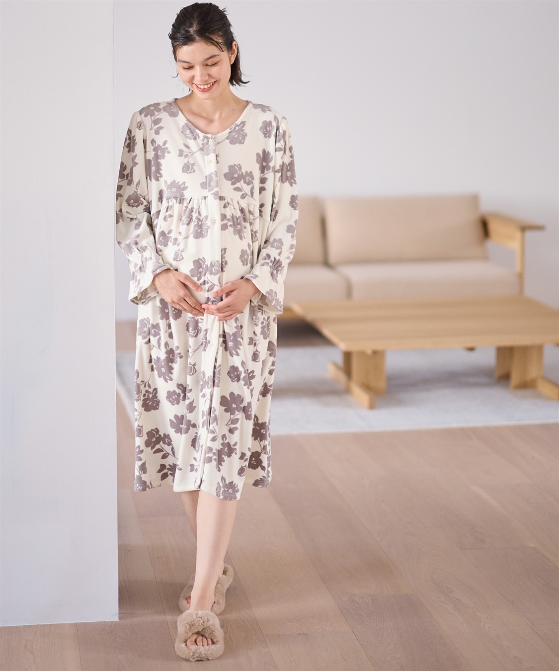 Rosemadame ストレッチベロア無地＆花柄ネグリジェ/ワンピースパジャマ/ルームウェア（マタニティ/授乳服）授乳楽々 妊婦服 産前・産後対応_sub_5
