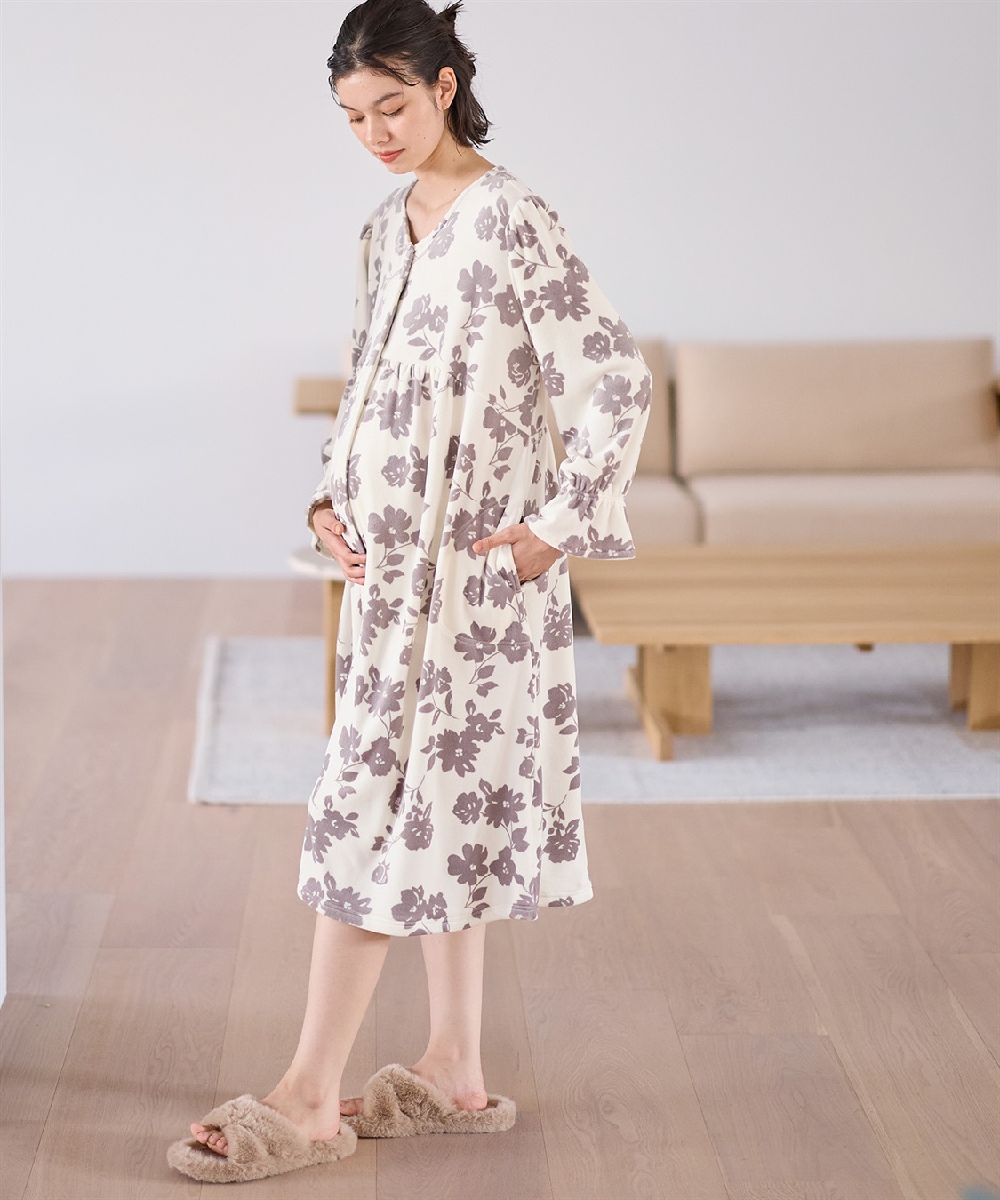 Rosemadame ストレッチベロア無地＆花柄ネグリジェ/ワンピースパジャマ/ルームウェア（マタニティ/授乳服）授乳楽々 妊婦服 産前・産後対応_sub_6