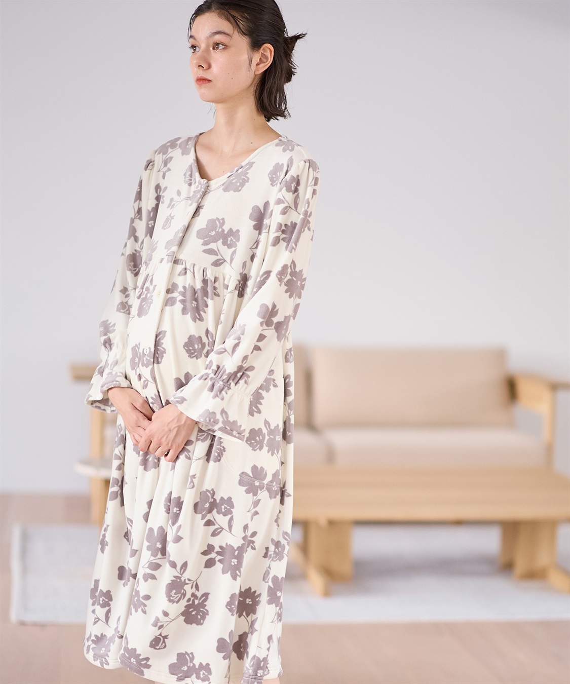 Rosemadame ストレッチベロア無地＆花柄ネグリジェ/ワンピースパジャマ/ルームウェア（マタニティ/授乳服）授乳楽々 妊婦服 産前・産後対応_sub_7