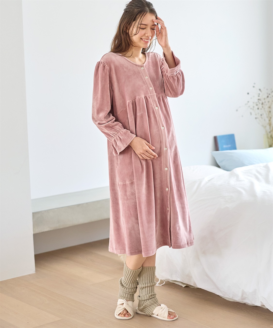 Rosemadame ストレッチベロア無地＆花柄ネグリジェ/ワンピースパジャマ/ルームウェア（マタニティ/授乳服）授乳楽々 妊婦服 産前・産後対応_sub_8