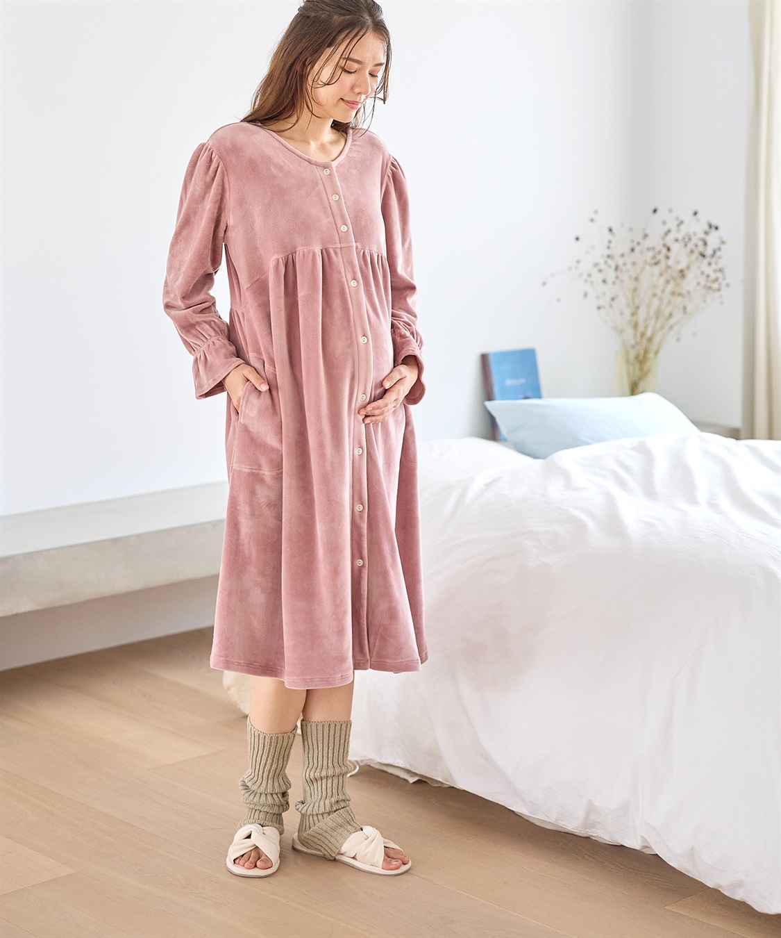 Rosemadame ストレッチベロア無地＆花柄ネグリジェ/ワンピースパジャマ/ルームウェア（マタニティ/授乳服）授乳楽々 妊婦服 産前・産後対応_sub_9