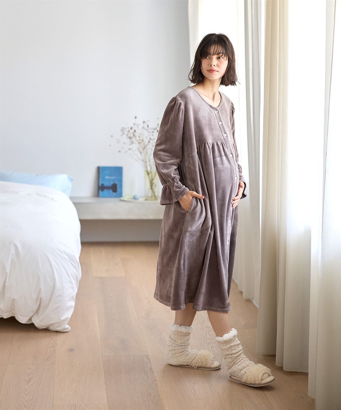 Rosemadame ストレッチベロア無地＆花柄ネグリジェ/ワンピースパジャマ/ルームウェア（マタニティ/授乳服）授乳楽々 妊婦服 産前・産後対応_sub_15