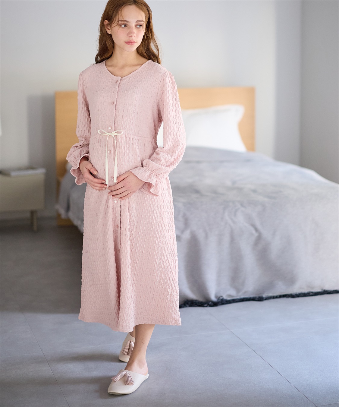 Rosemadame ふくれシャーリングリボンネグリジェ/ ワンピースパジャマ(産前・産後対応 マタニティ＆授乳服 ルームウェア)_sub_1