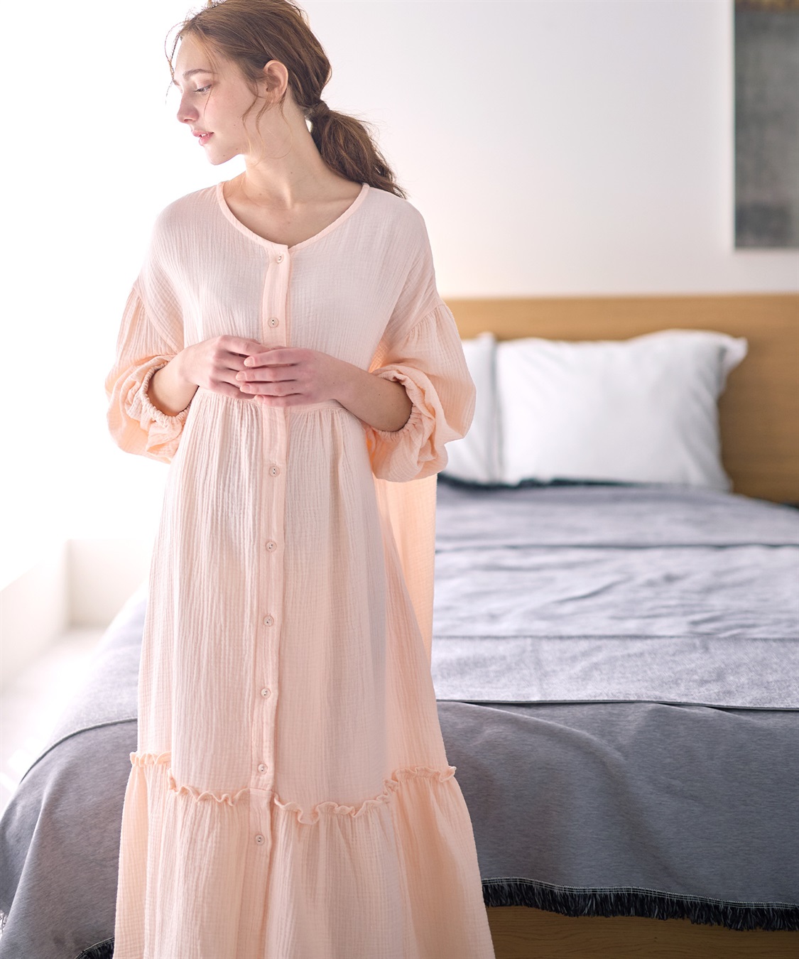 Rosemadame 【親子ペア可】綿100％ ダブルガーゼボリューム袖ネグリジェ/ ワンピースパジャマ(産前・産後対応 マタニティ＆授乳服 ルームウェア)_sub_6