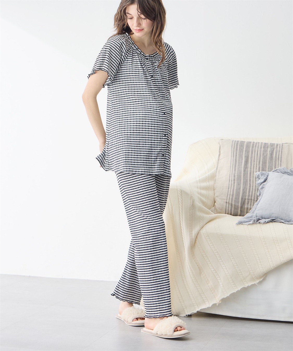 Rosemadame シャーリング ジャガードパジャマ(産前・産後対応 マタニティ＆授乳服 ルームウェア 上下セット)_sub_2