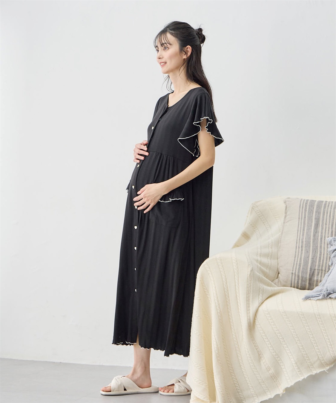 Rosemadame 配色メロウフリル パターンメッシュネグリジェ/ ワンピースパジャマ(産前・産後対応 マタニティ＆授乳服 ルームウェア)_sub_1