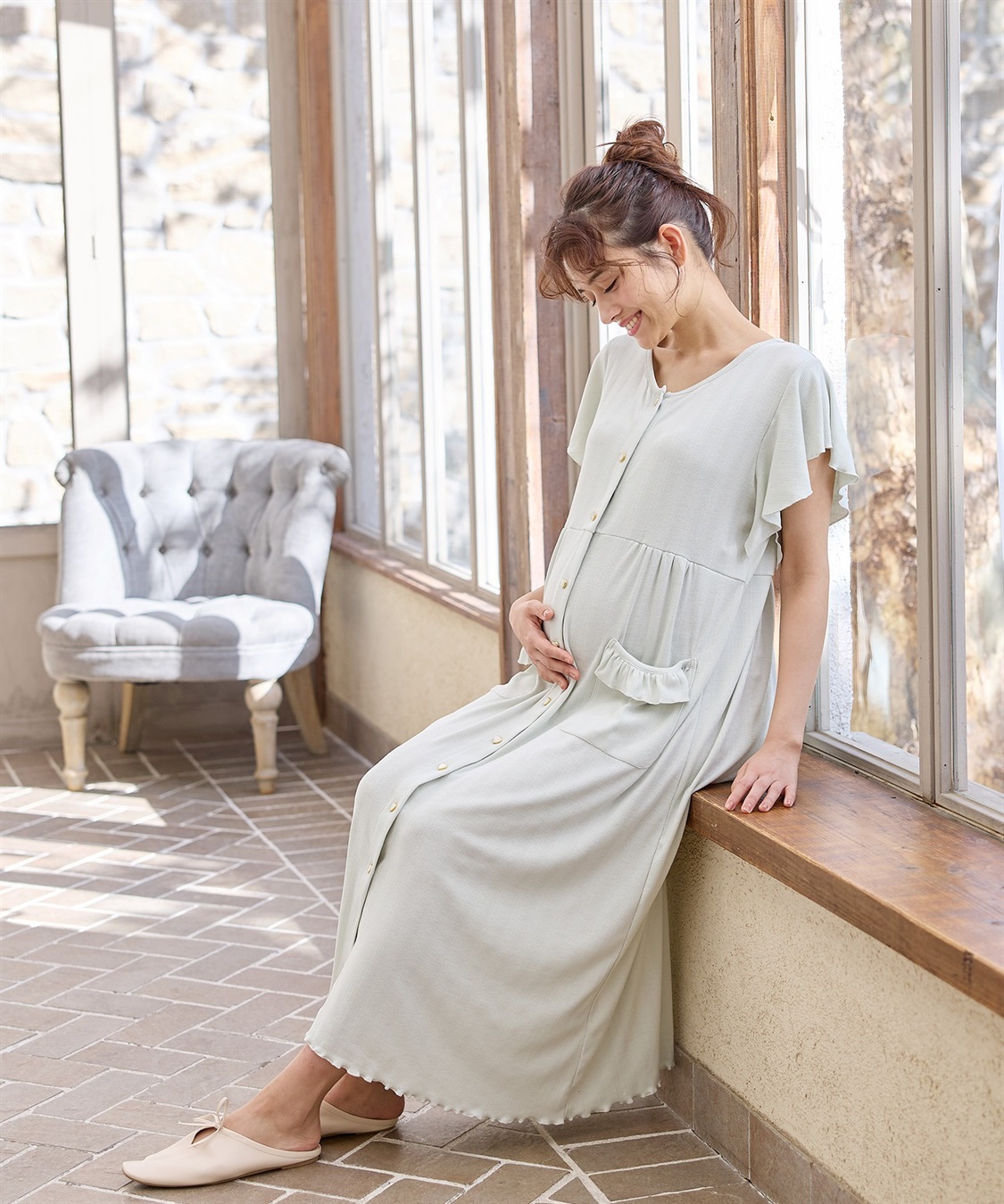 Rosemadame 配色メロウフリル パターンメッシュネグリジェ/ ワンピースパジャマ(産前・産後対応 マタニティ＆授乳服 ルームウェア)_sub_2