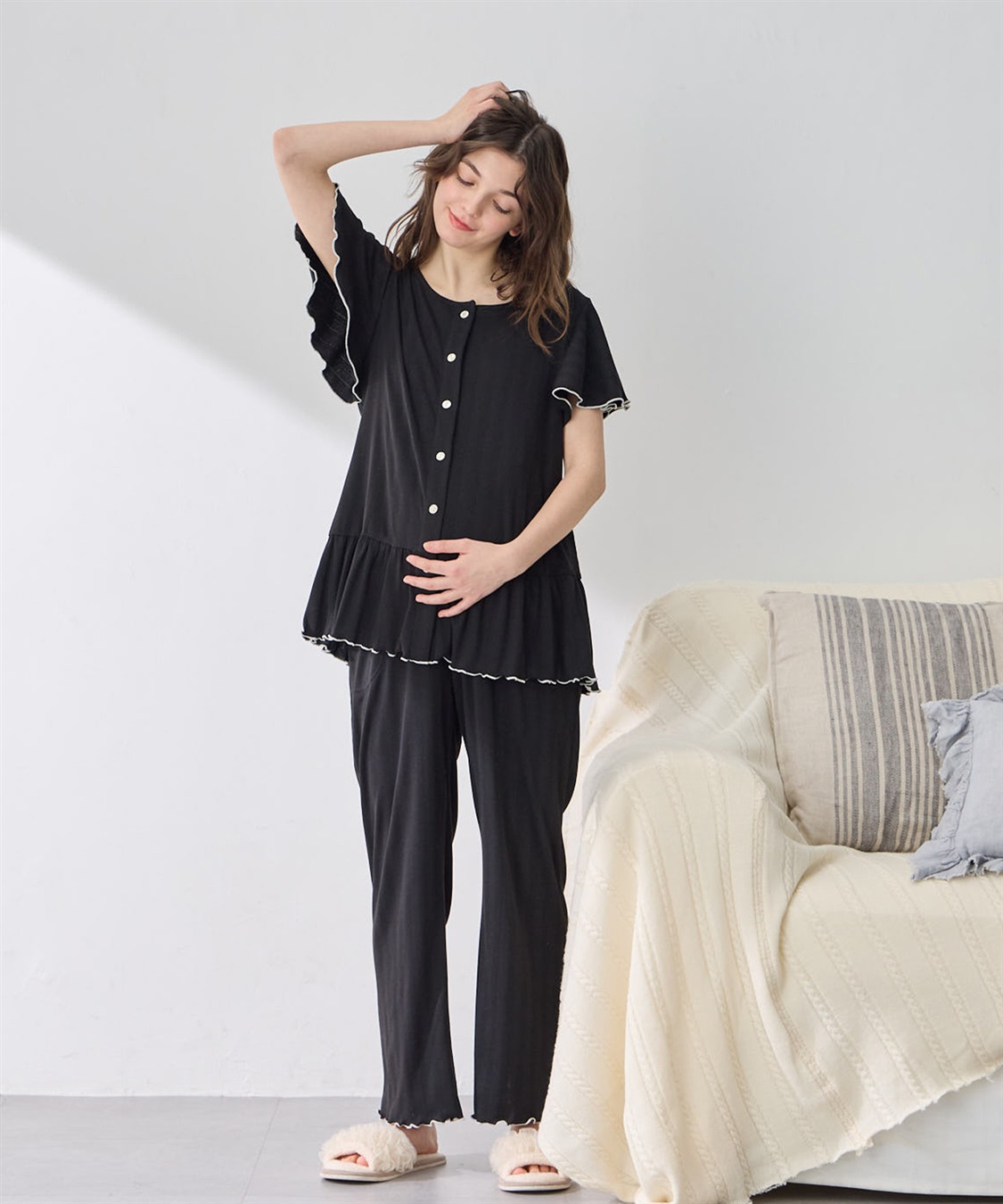 Rosemadame 配色メロウフリル パターンメッシュパジャマ(産前・産後対応 マタニティ＆授乳服 ルームウェア 上下セット)_sub_2