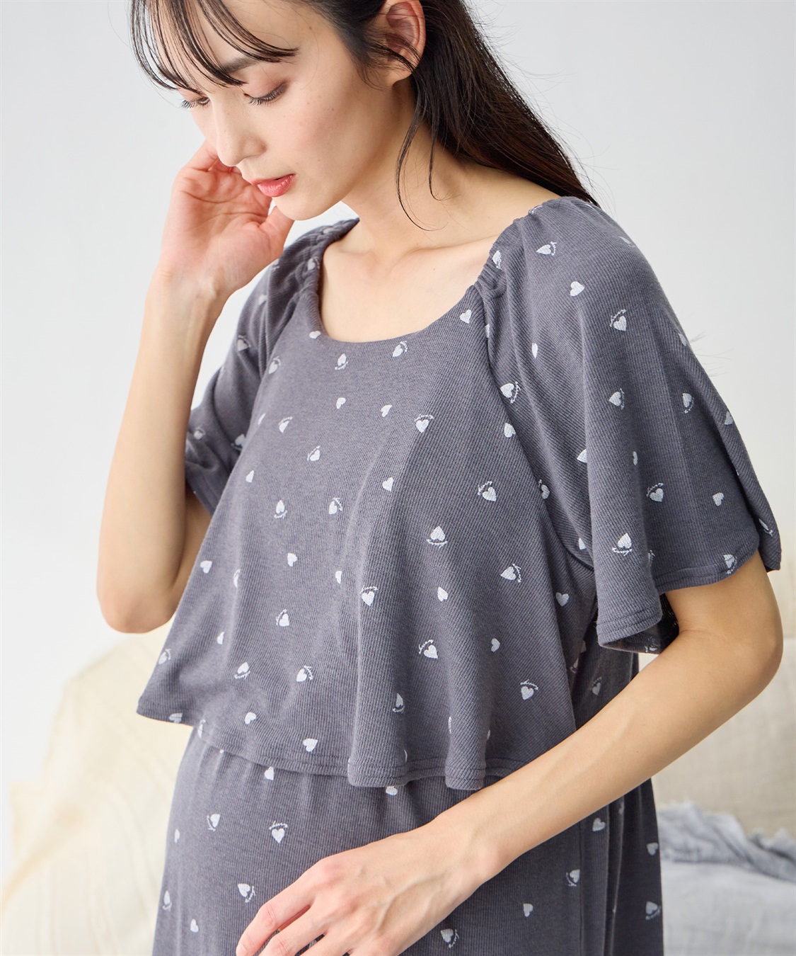 Rosemadame リブハート柄プリントワンピースパジャマ(産前・産後対応 マタニティ＆授乳服 ルームウェア)_sub_6