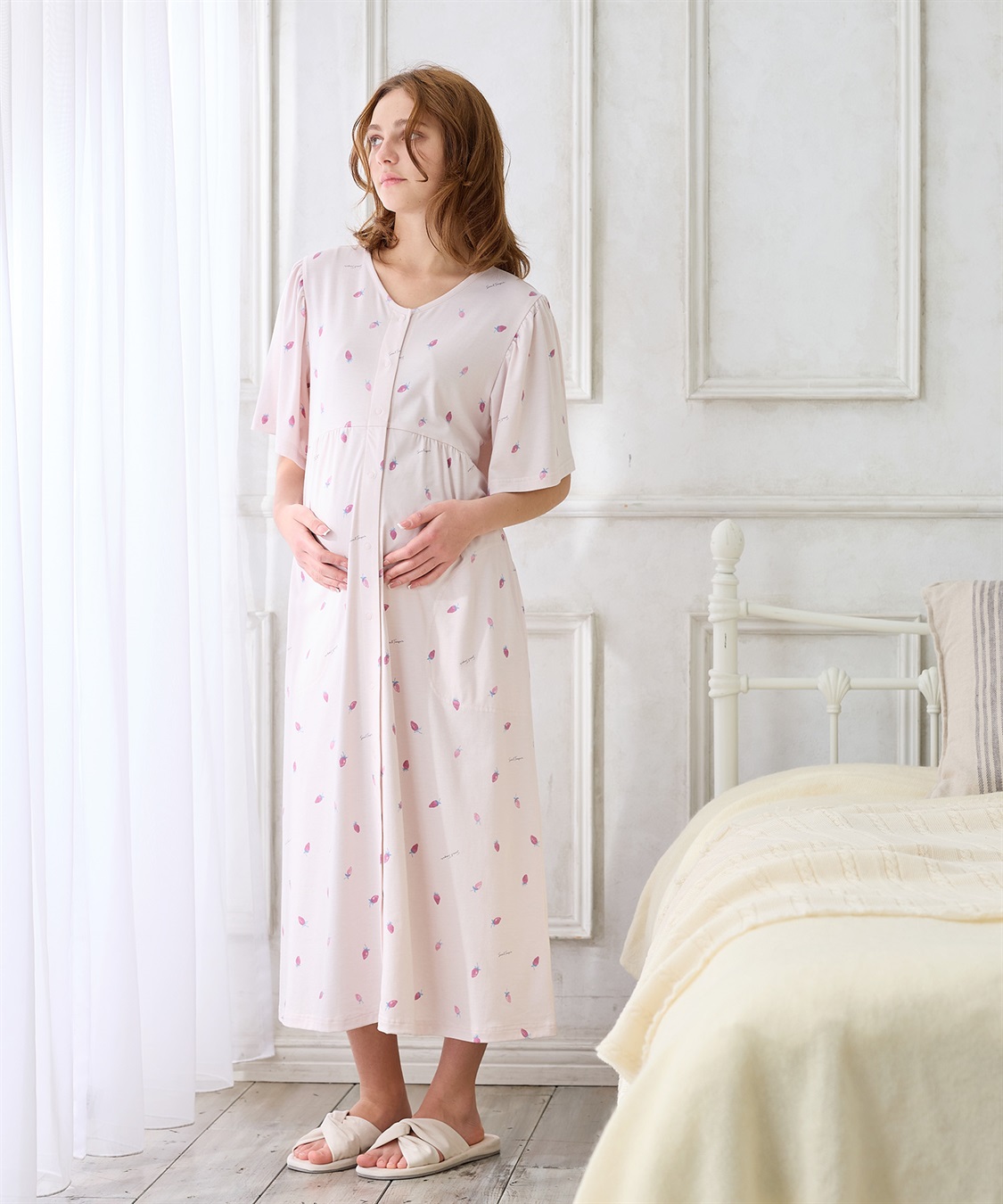 Rosemadame 無地・フルーツプリントネグリジェ/ワンピースパジャマ（マタニティ/授乳服）授乳口付き 授乳楽々 妊婦服 産前・産後対応_sub_1