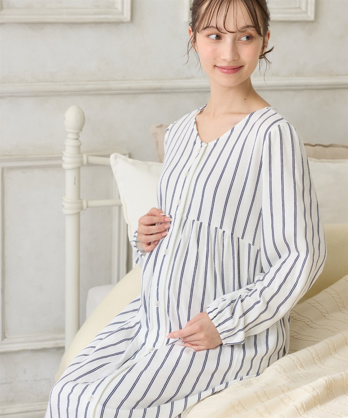 Rosemadame 接結ダブルガーゼ無地・ストライプネグリジェ/ワンピースパジャマ/ルームウェア（マタニティ/授乳服）授乳楽々 妊婦服 産前・産後対応_sub_1
