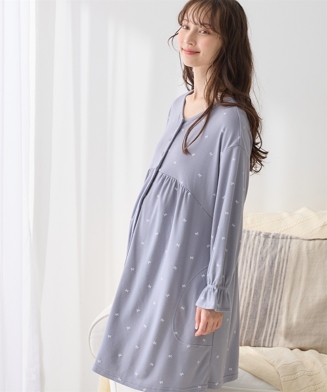 Rosemadame スムースリボンプリントパジャマ/ワンピースパジャマ/ルームウェア（マタニティ/授乳服）授乳楽々 妊婦服 産前・産後対応_sub_1