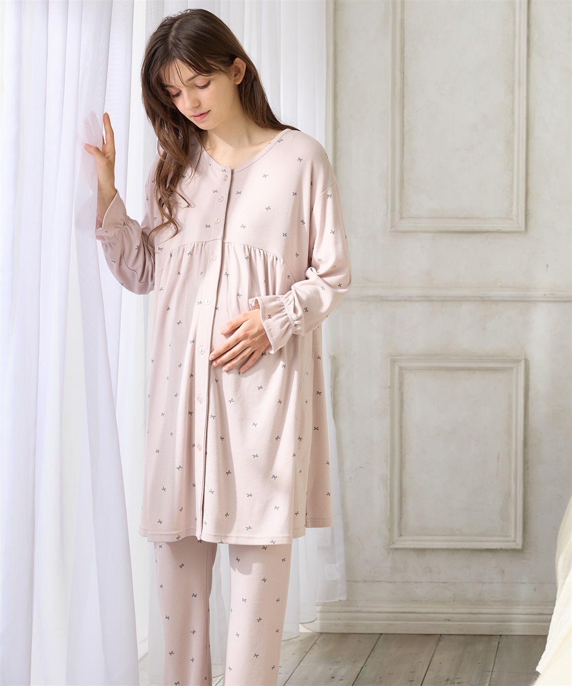 Rosemadame スムースリボンプリントパジャマ/ワンピースパジャマ/ルームウェア（マタニティ/授乳服）授乳楽々 妊婦服 産前・産後対応_sub_2