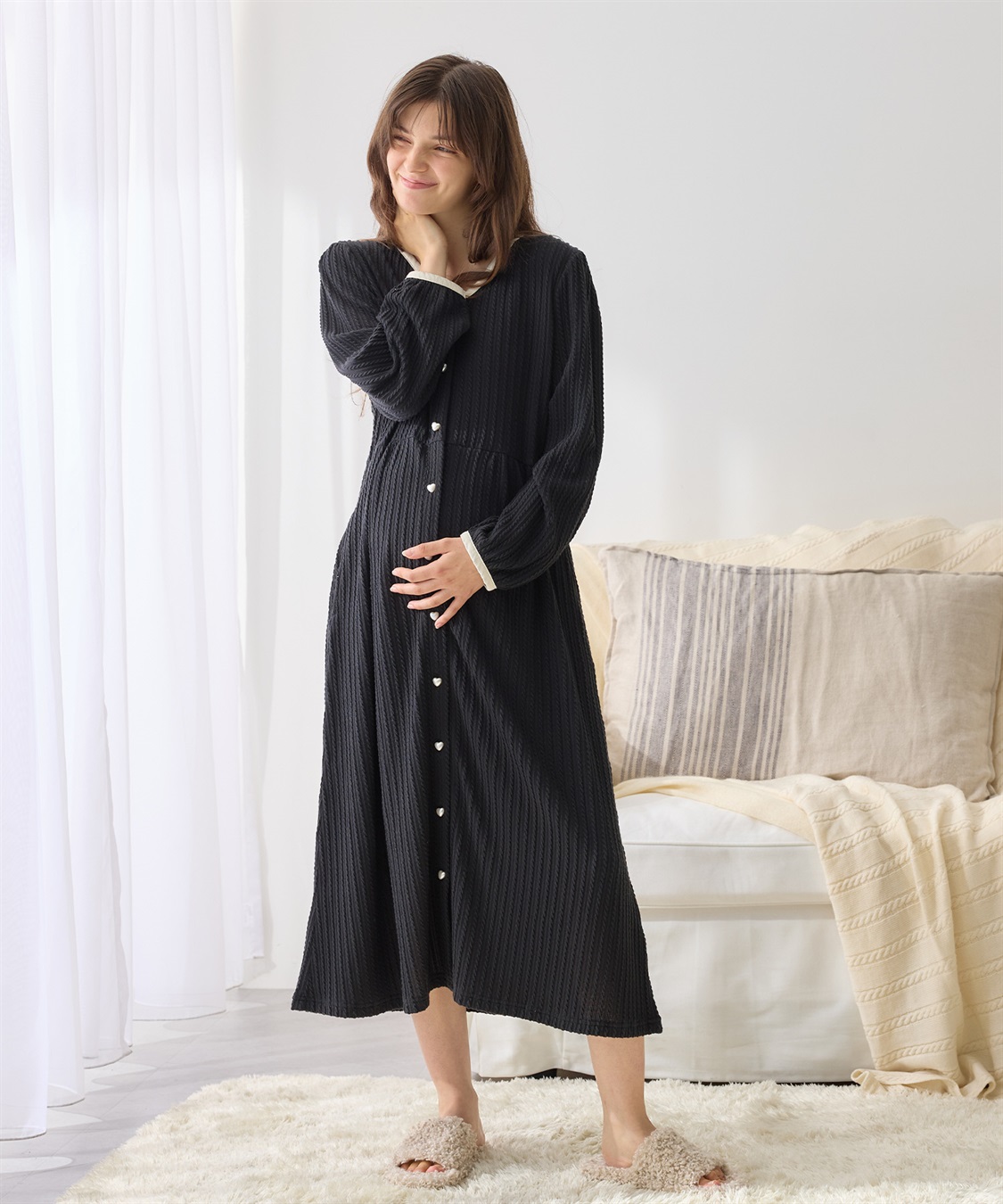 Rosemadame ポコポコジャガードバイカラーネグリジェ/ワンピースパジャマ/ルームウェア（マタニティ/授乳服）授乳楽々 妊婦服 産前・産後対応_sub_1