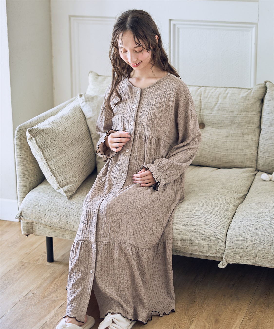 Rosemadame ポコポコジャガード配色メロウネグリジェ/ワンピースパジャマ（マタニティ/ 妊婦服）授乳楽々 妊婦服 産前・産後対応_sub_1