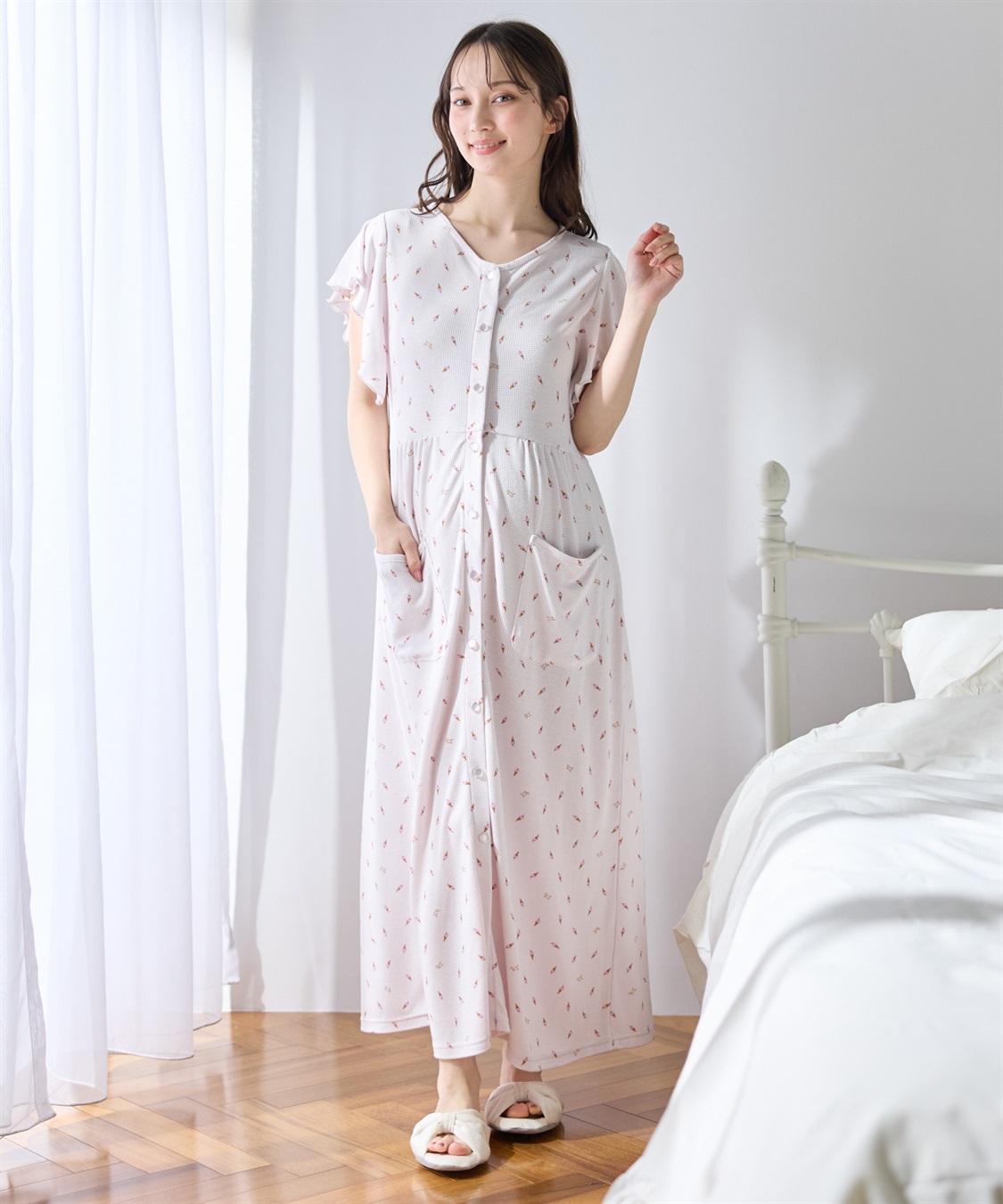 Rosemadame ワッフル風アイス柄ネグリジェ/ワンピースパジャマ/マタニティパジャマ（マタニティ/授乳服）上下セット 授乳口付き 授乳楽々 妊婦服 産前・産後対応_sub_1