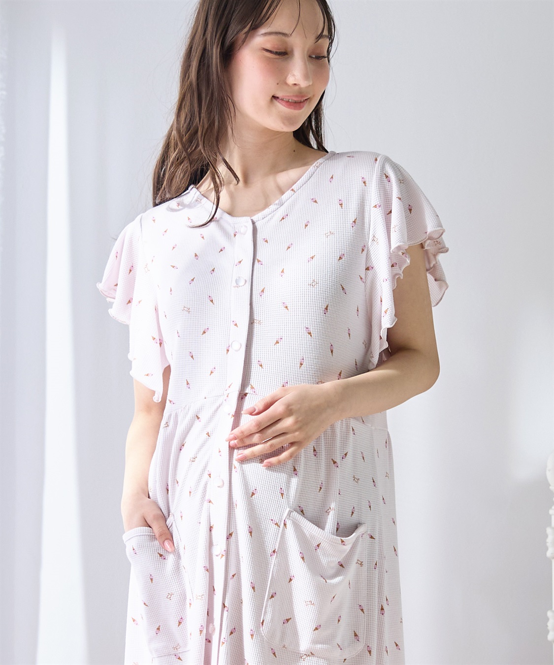 Rosemadame ワッフル風アイス柄ネグリジェ/ワンピースパジャマ/マタニティパジャマ（マタニティ/授乳服）上下セット 授乳口付き 授乳楽々 妊婦服 産前・産後対応_sub_19