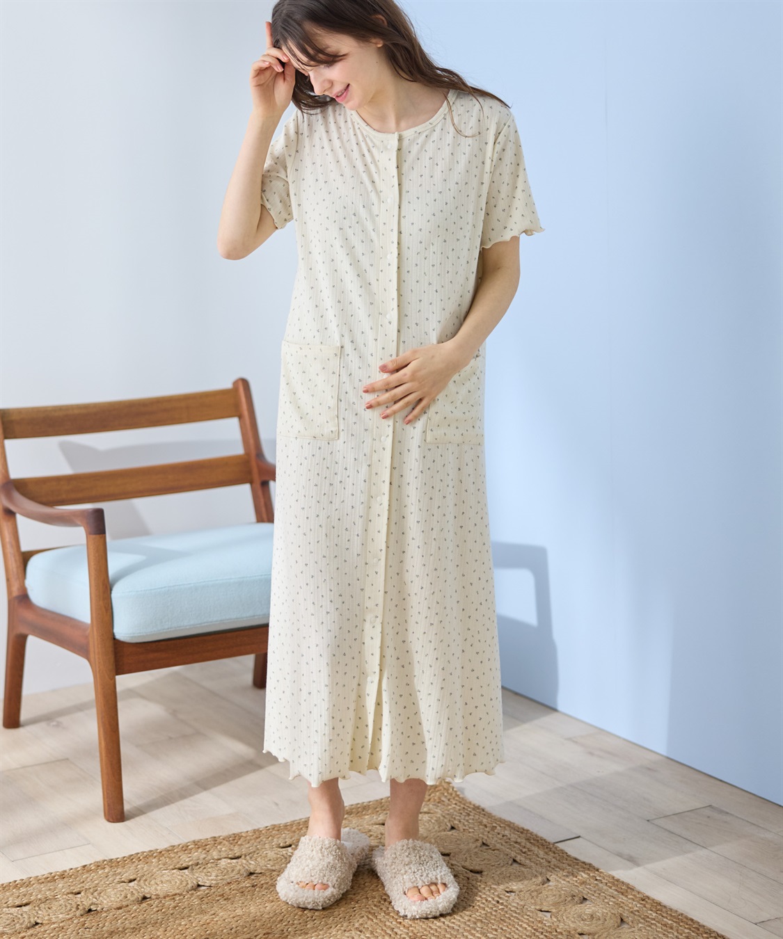 Rosemadame パターンメッシュ小花柄ネグリジェ/ワンピースパジャマ/マタニティパジャマ（マタニティ/授乳服）上下セット 授乳口付き 授乳楽々 妊婦服 産前・産後対応_sub_3