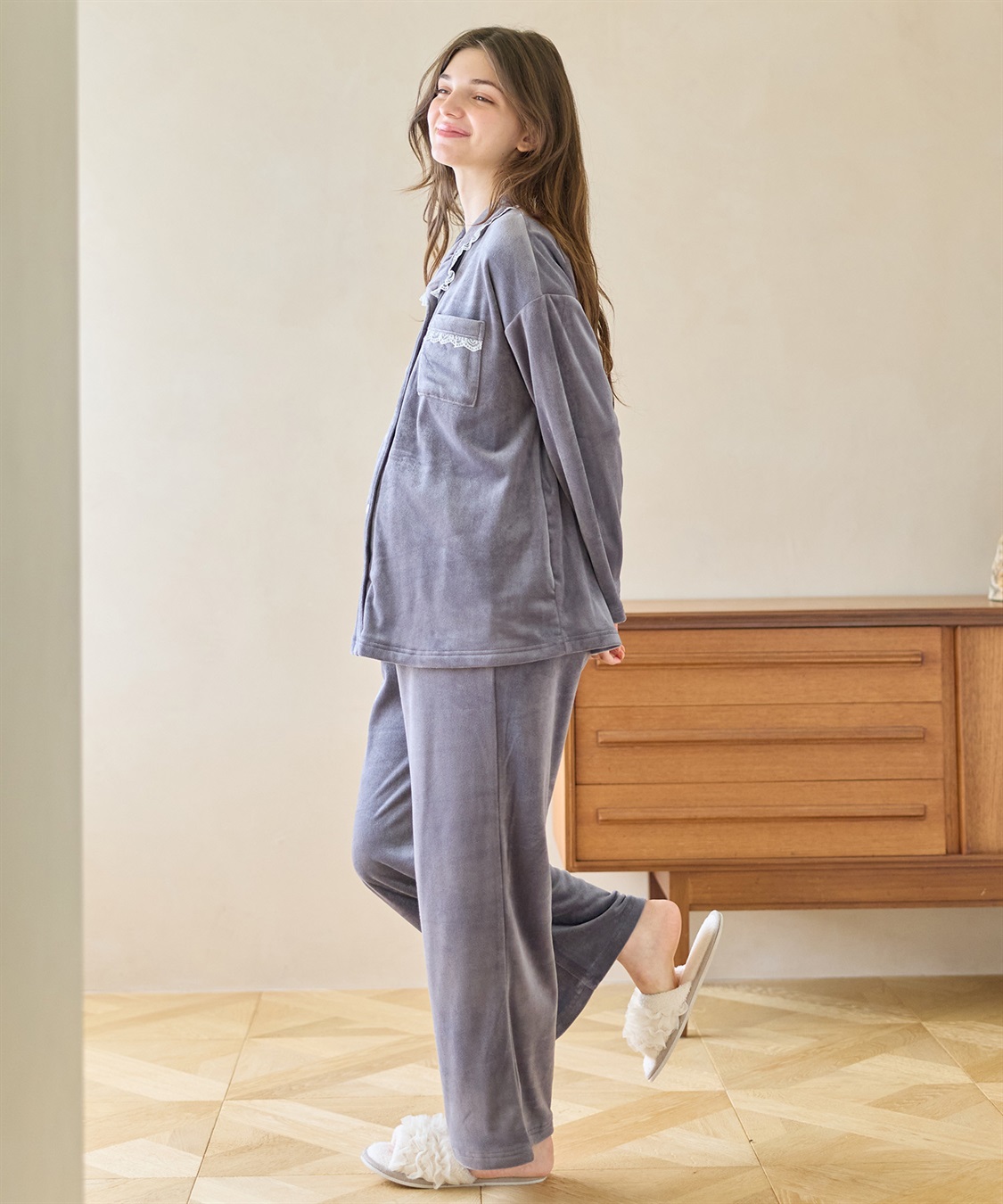 Rosemadame ベロア 配色レース マタニティパジャマ 授乳対応 前開き ルームウェア 入院準備 産前・産後対応_sub_10