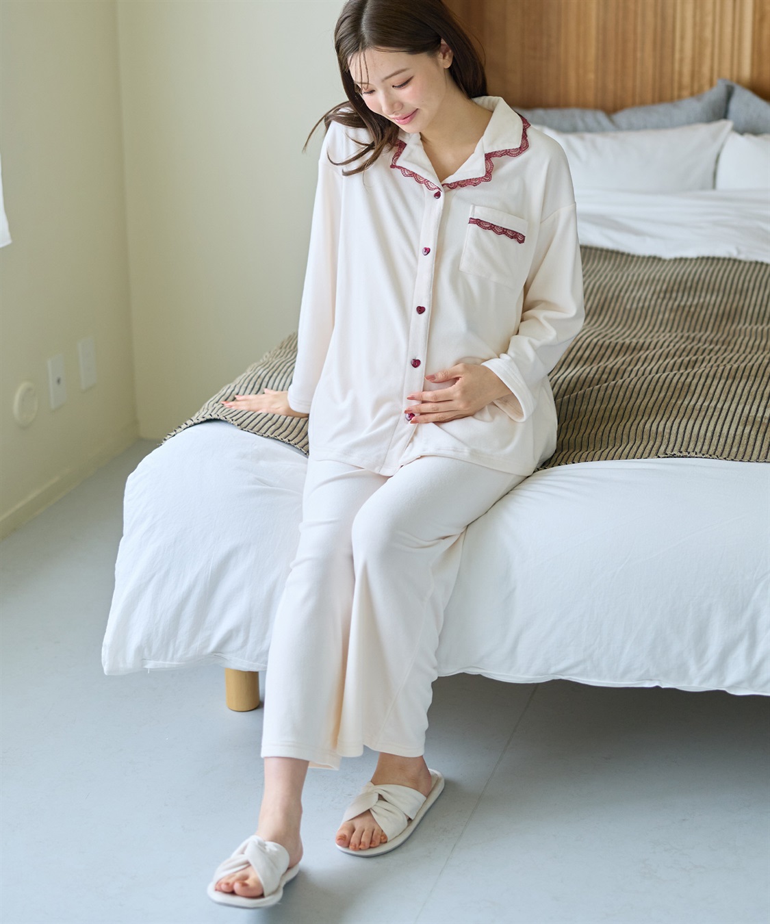 Rosemadame ベロア 配色レース マタニティパジャマ 授乳対応 前開き ルームウェア 入院準備 産前・産後対応_sub_23