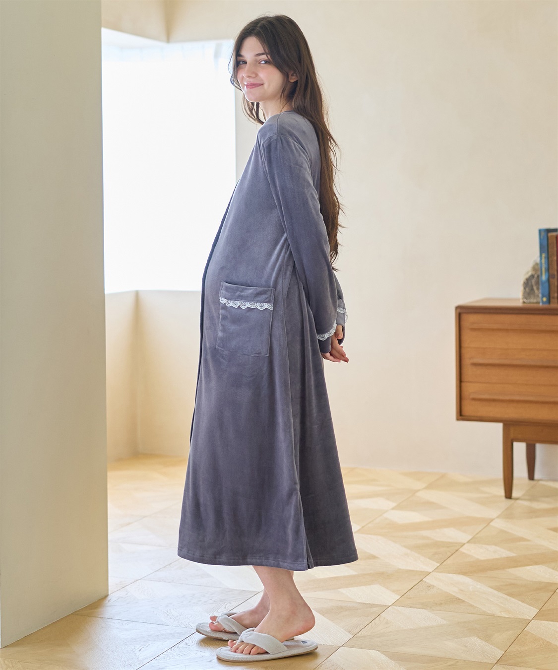Rosemadame ベロア 配色レース ネグリジェ ワンピース マタニティパジャマ 授乳対応 前開き ルームウェア 入院準備 産前・産後対応_sub_9