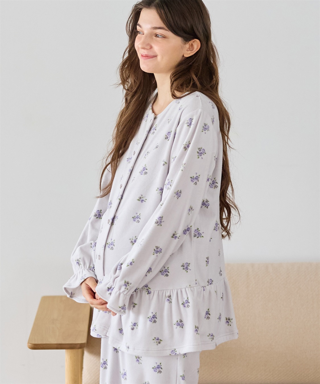 Rosemadame ベロア 小花柄 マタニティ パジャマ 上下セット授乳対応 前開き ルームウェア 入院準備 産前・産後対応_sub_1