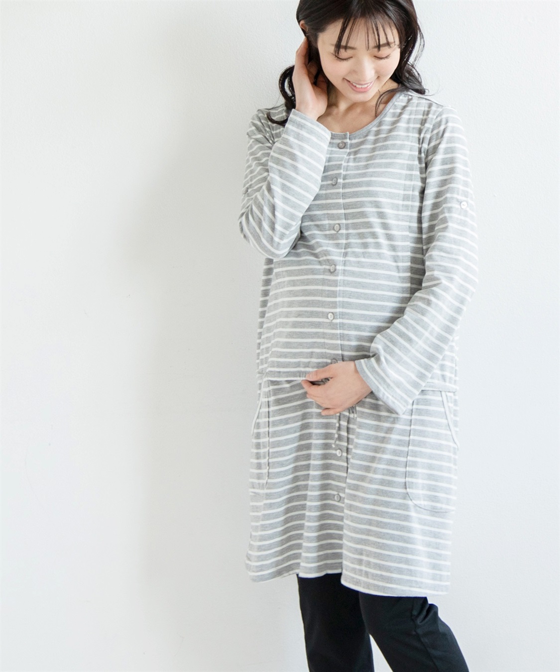 Rosemadame 天竺授乳口付きパジャマ　長袖 ロールアップ 着丈90cm 綿混 シンプル ポケット付き　マタニティパジャマ　maman et bebe(ママンエベベ)（マタニティ/授乳服）入院準備 出産準備 産前 産_sub_24