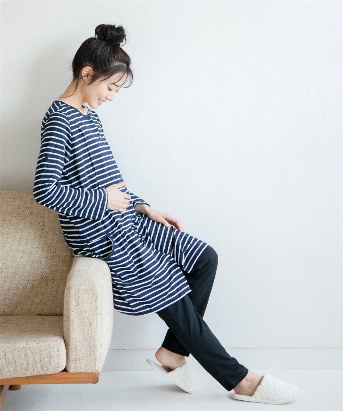 Rosemadame 天竺授乳口付きパジャマ　長袖 ロールアップ 着丈90cm 綿混 シンプル ポケット付き　マタニティパジャマ　maman et bebe(ママンエベベ)（マタニティ/授乳服）入院準備 出産準備 産前 産_sub_26