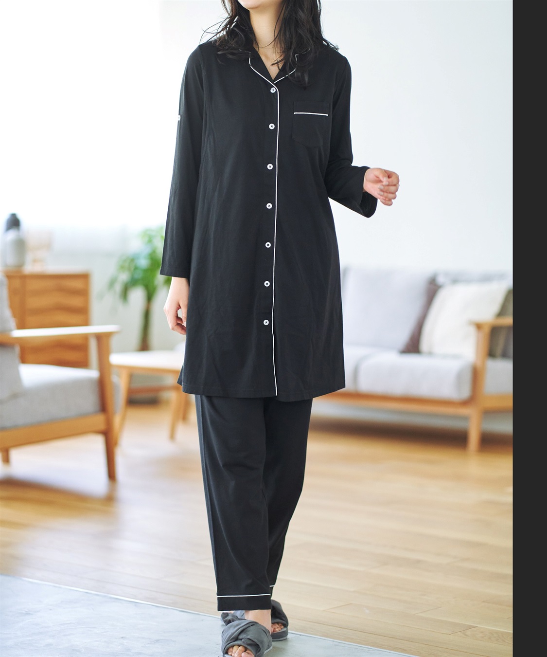 Rosemadame 天竺襟付き授乳口付きパジャマ　長袖 ロールアップ 着丈90cm 綿混 シンプル ポケット付き　マタニティパジャマ　maman et bebe(ママンエベベ)（マタニティ/授乳服）入院準備 出産準備 産_sub_21