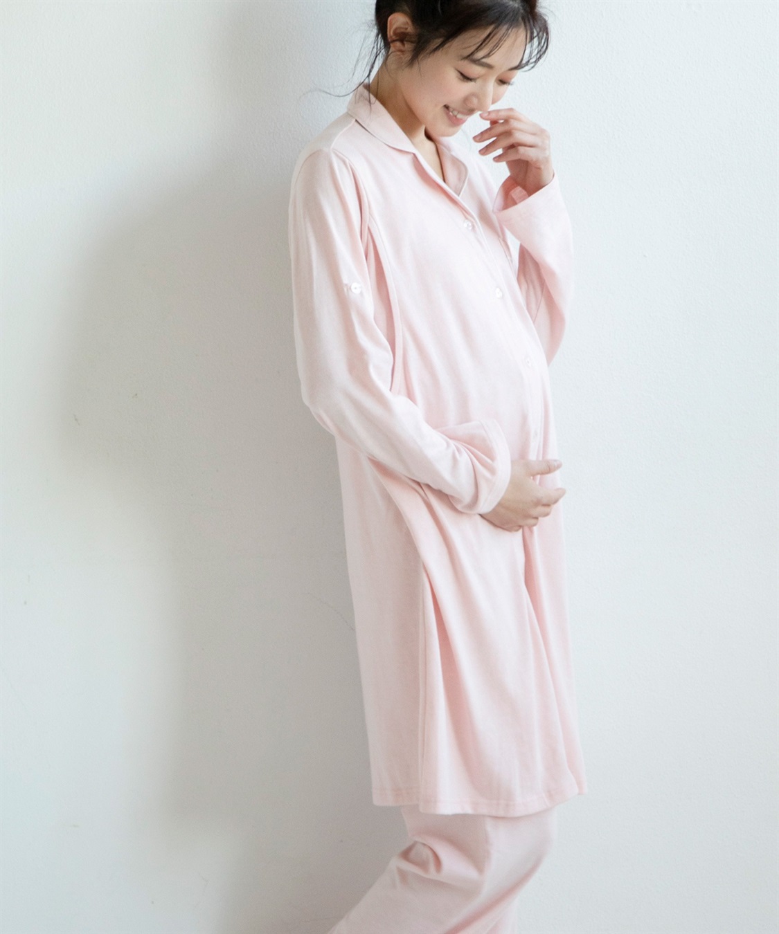 Rosemadame 天竺襟付き授乳口付きパジャマ　長袖 ロールアップ 着丈90cm 綿混 シンプル ポケット付き　マタニティパジャマ　maman et bebe(ママンエベベ)（マタニティ/授乳服）入院準備 出産準備 産_sub_24