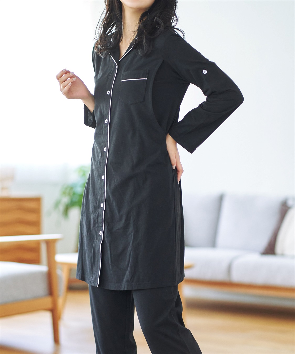 Rosemadame 天竺襟付き授乳口付きパジャマ　長袖 ロールアップ 着丈90cm 綿混 シンプル ポケット付き　マタニティパジャマ　maman et bebe(ママンエベベ)（マタニティ/授乳服）入院準備 出産準備 産_sub_26