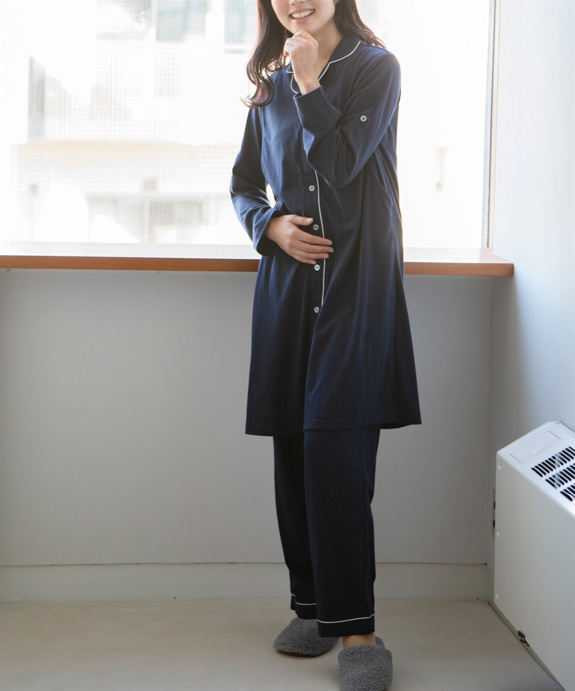 Rosemadame 天竺襟付き授乳口付きパジャマ　長袖 ロールアップ 着丈90cm 綿混 シンプル ポケット付き　マタニティパジャマ　maman et bebe(ママンエベベ)（マタニティ/授乳服）入院準備 出産準備 産_sub_27